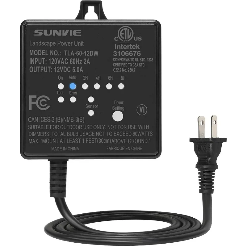 

SUNVIE Low Voltage Transformer 60W Landscape Lighting Transformer with Timer and Photocell Sensor 120V AC to 12V DC Waterproof f
