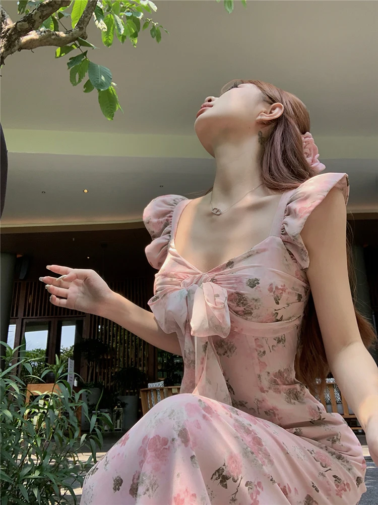Bowtie floral V-neck flying sleeve dress for women summer pink gentle long dress slim waist A-line Dress 2024 New