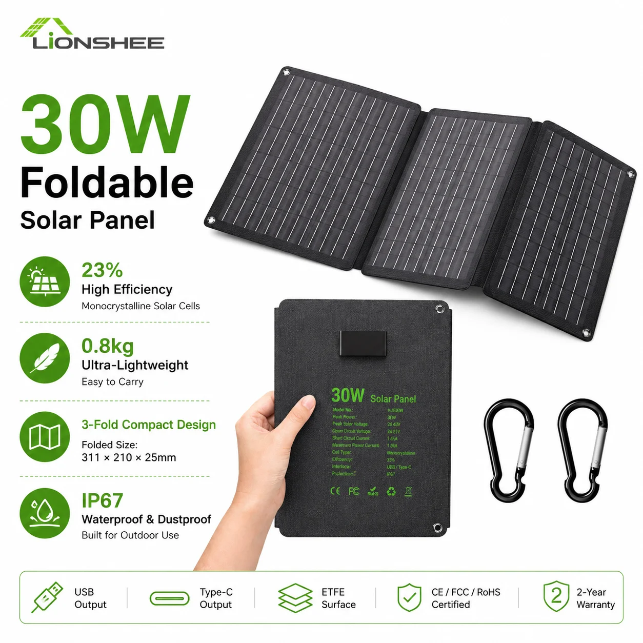 30 W faltbares monokristallines Solarpanel, ETFE, IP67, wasserdicht, tragbares Solarladegerät mit USB-Typ-C-Ausgang, leicht, für Telefon, Powerbank, Camping, Wandern, Wohnmobil, Boot, Outdoor,