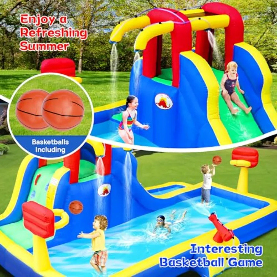 Inflatable Water Park for Outdoor Use, PVC Material, Blue and Yellow, Includes Blower, Water Cannon, and Double Basketball Ring