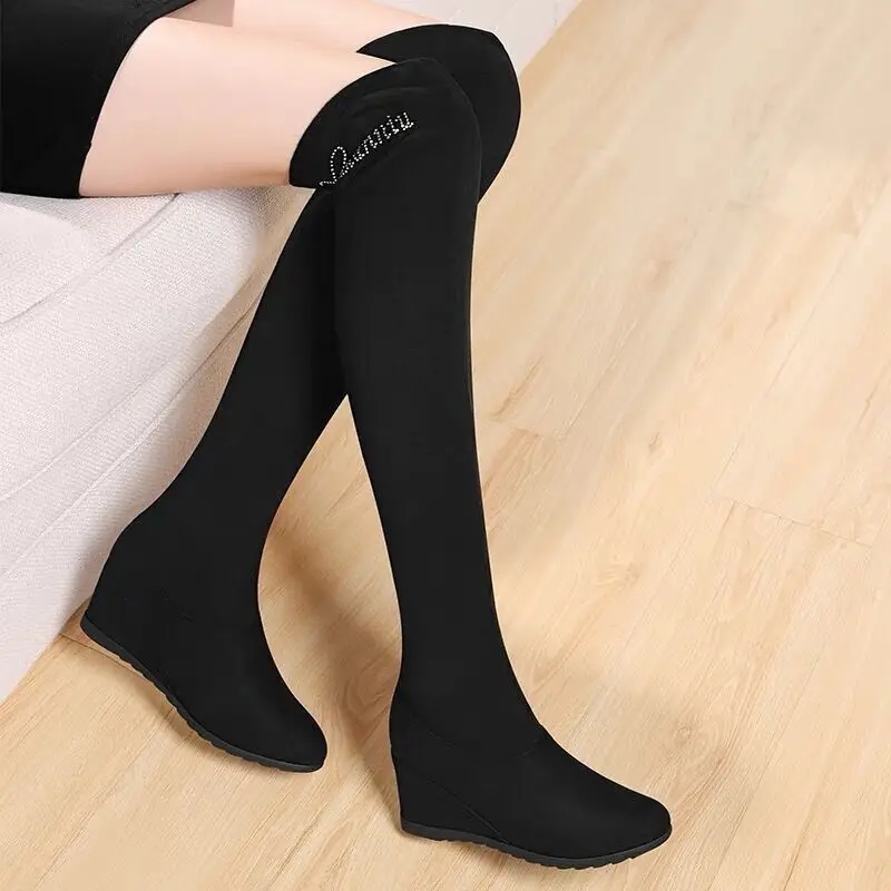 Black Above Over The Knee Thigh High Shoes for Woman Women\'s Boots Elastic Wedge Heel Footwear Waterproof Trend 2024 Y2k Gyaru