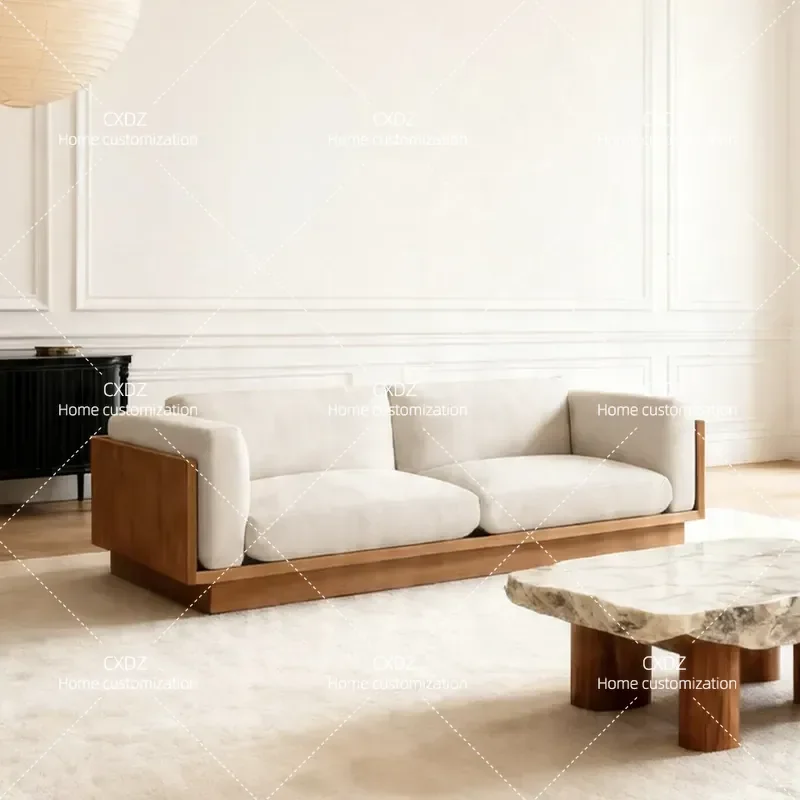 Nordic Wabi Sabi Style Floor to Ceiling Sofa Solid Wood Frame Removable Washable Fabric Straight Row Couch for Small