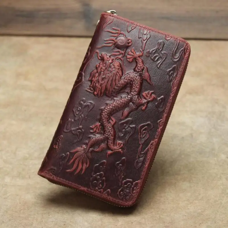 Johnature Crazy Horse Leather Men Long Hand Wallet 2024 New Vintage Handmade Dragon Tiger Embossing Wallets Card Bag Phone Purse