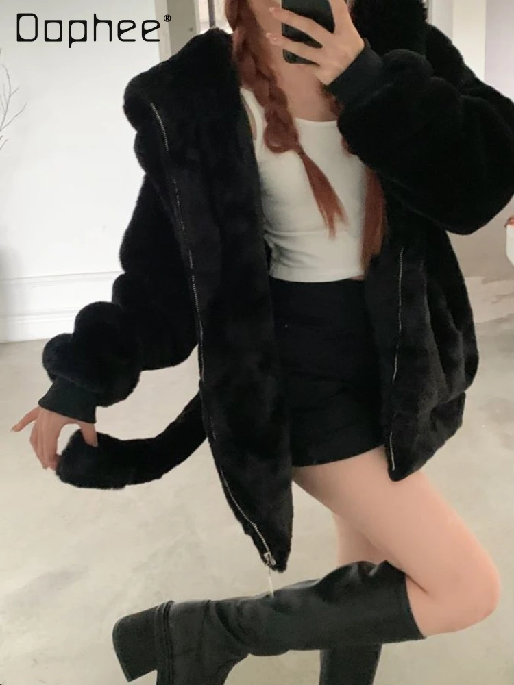 Original Cute Ear Plush Coat for Women 2025 Autumn Winter New Black Thickened Cute College Style Kawaii Loose Warm Faux Fur Coat
