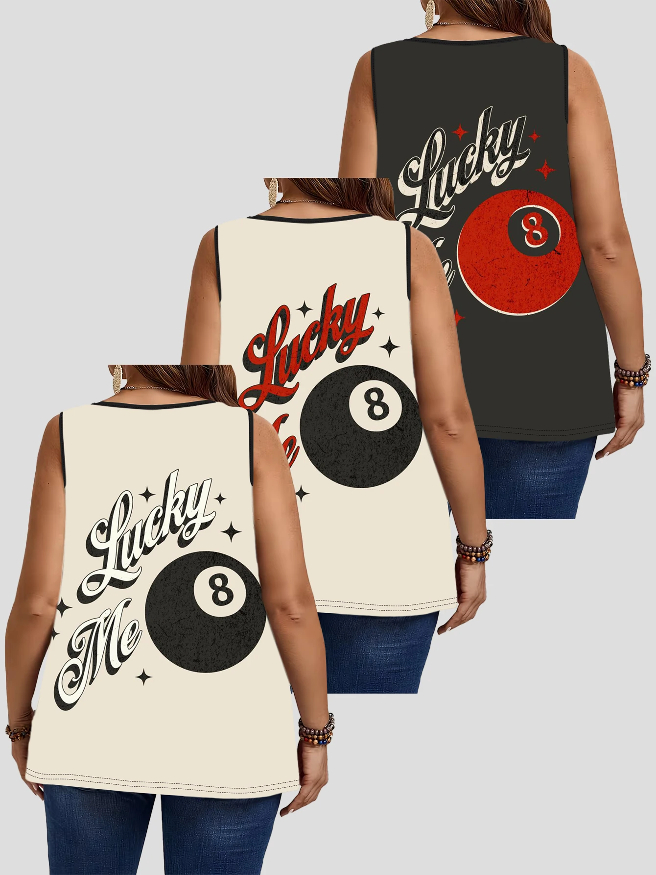 3-Piece Set of Plus-Size Women's Vintage Lucky Number 8 Billiard Letter Print Tank Tops, Round Neck Loose Sleeveless Tops 2