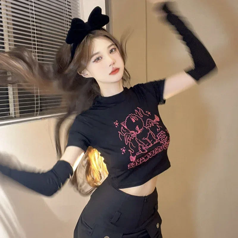 Camisetas con cuello redondo y letras estampadas a la moda coreana para mujer, camiseta ajustada a la moda, camiseta elástica Sexy de tendencia para mujer