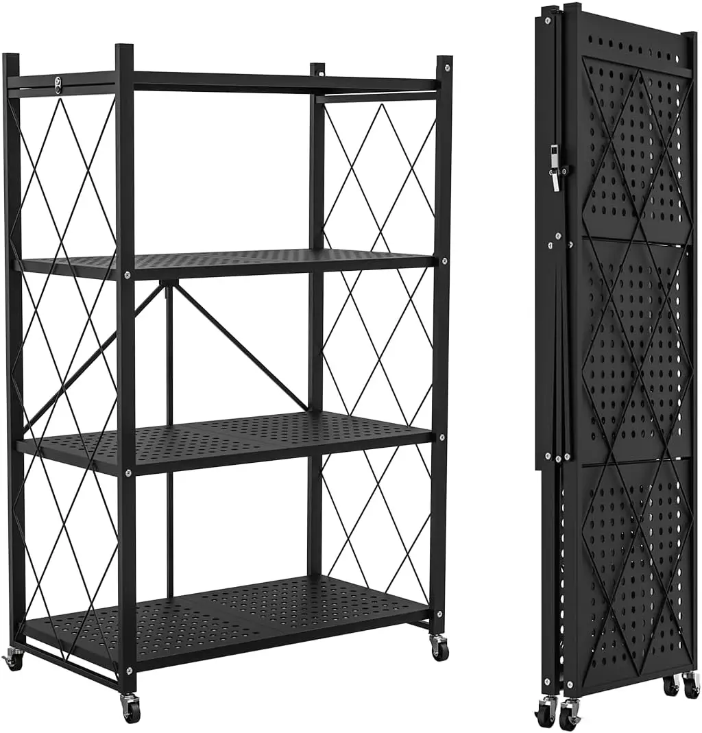 4-Tier Foldable Storage Shelf with Wheels - Metal Collapsible Shelving Unit Display, Rolling Cart for Books Kitchen BLACK