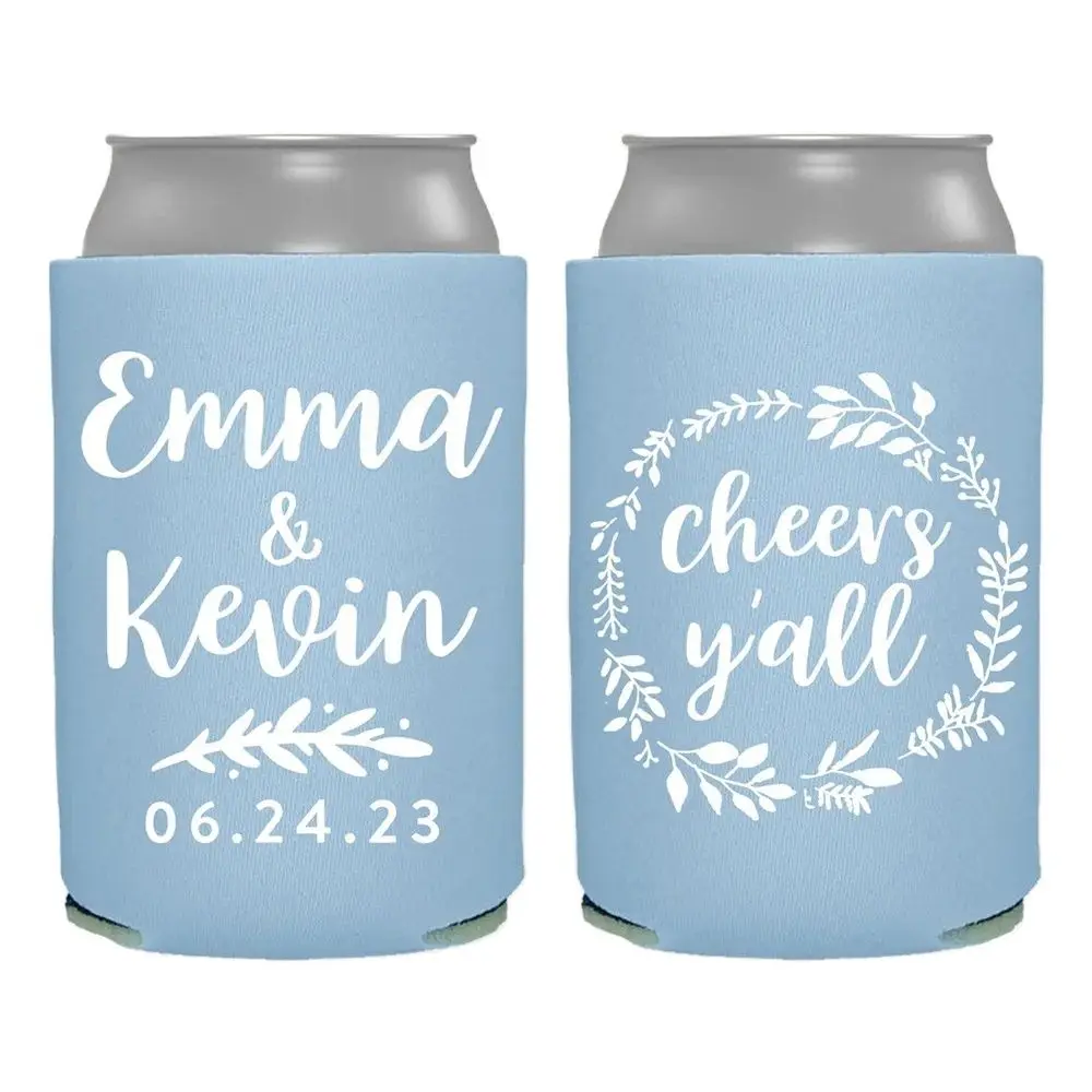 

Personalized Wedding Favors, Cheers Y'all, Customized Wedding Can Coolers | Beverage Insulators Beer Hugger, Monogram Drink Hugg