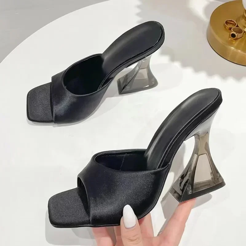 Summer Green Women\'s Shoes Slippers Silky Wide Band Transparent Strange High Heels Comfortable PU Leather Slides Sandals Pumps