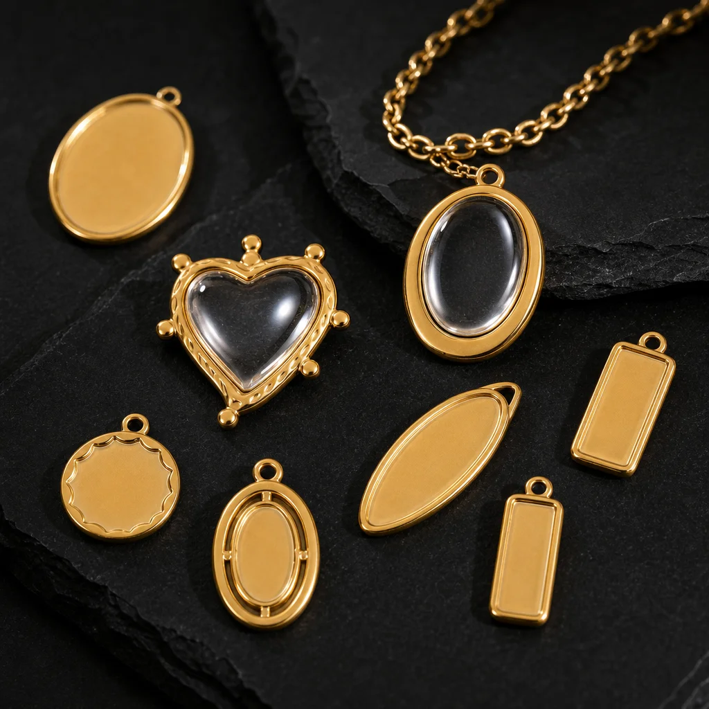 5 Stück Edelstahl-Anhänger mit unregelmäßigen Herz- und Rundformen, Rohlinge für Cabochons, für DIY-Harz-Kamee-Schmuckherstellung – Detail 3