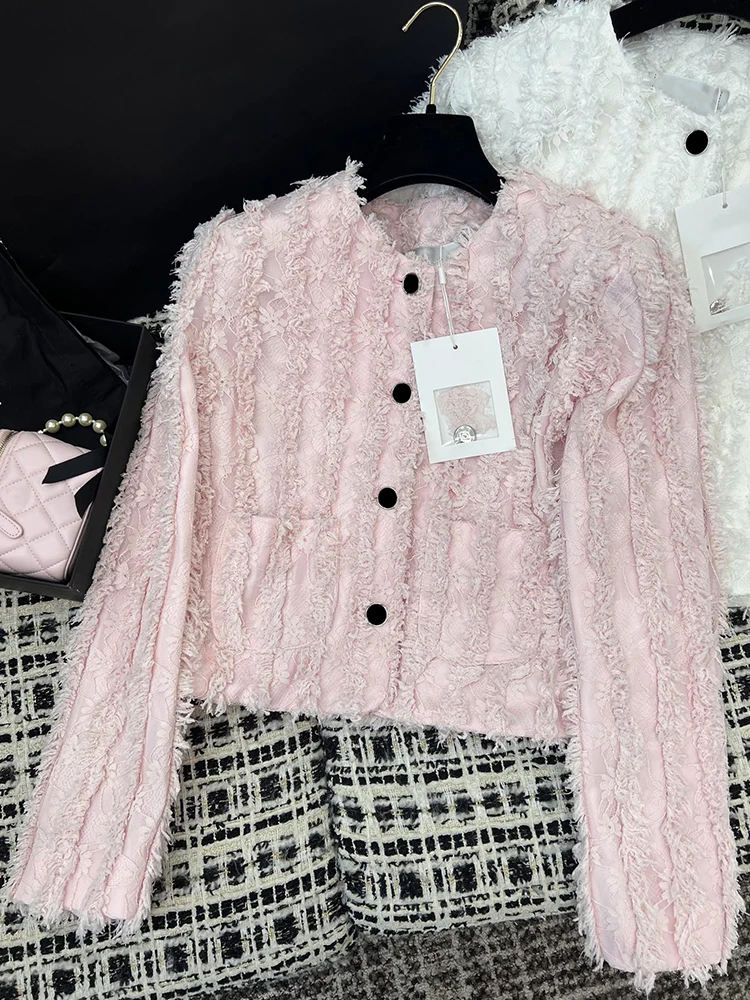 Fashion Runway Autumn Pink Color Casual Jacket Women's O-Neck Lace Multi Button Long Sleeve Short Style Jacket