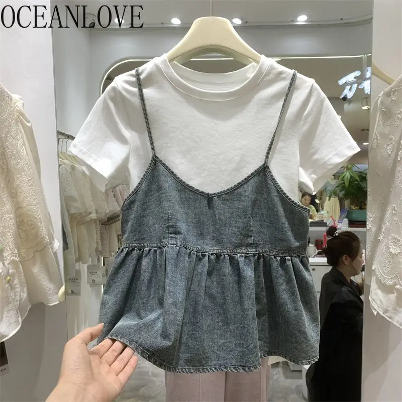 

OCEANLOVE 2 Pieces T Shirt for Women Spring Summer Sweet Poka Dot Loose Ropa De Mujer Korean Fashion Cute Camisetas