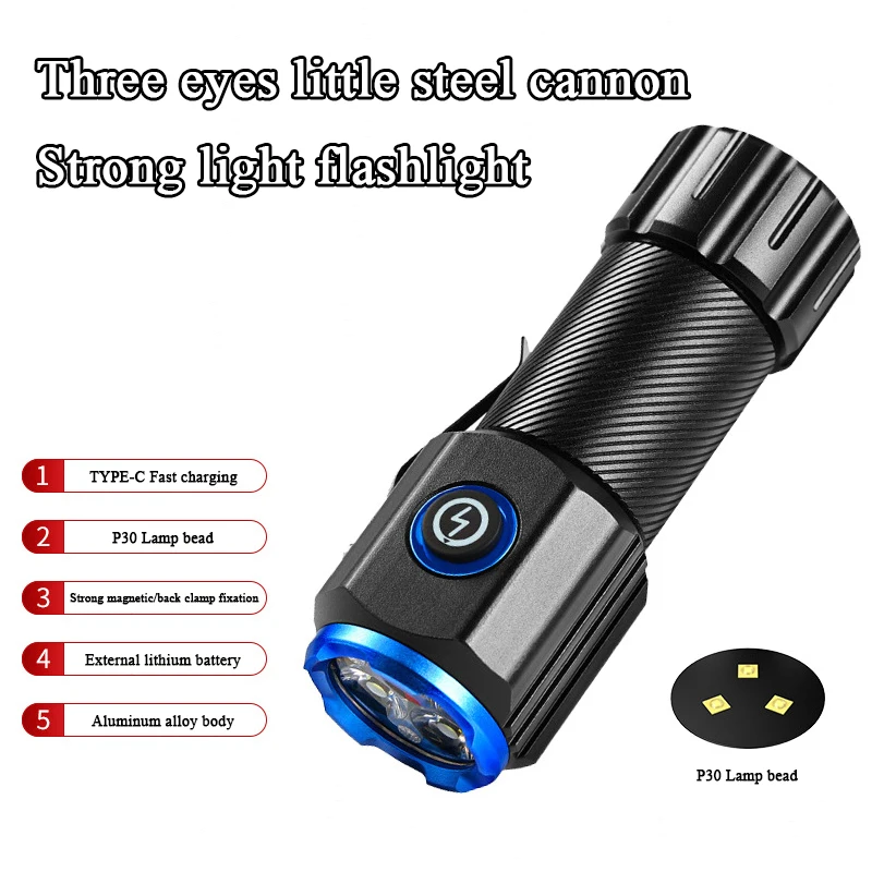 Strong light three eyes flashlight super bright mini portable built-in battery outdoor waterproof multi-function clip cap light