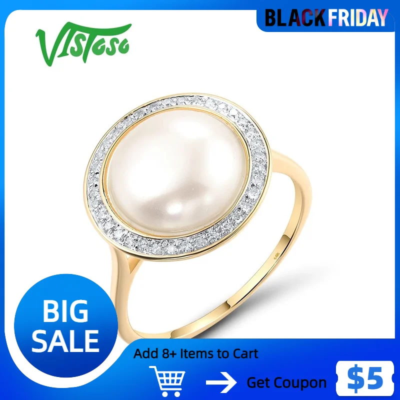 VISTOSO Authentic 14K 585 Yellow Gold Rings For Women Sparkling Diamond Fresh Water Pearl Round Wedding Set Trendy Fine Jewelry