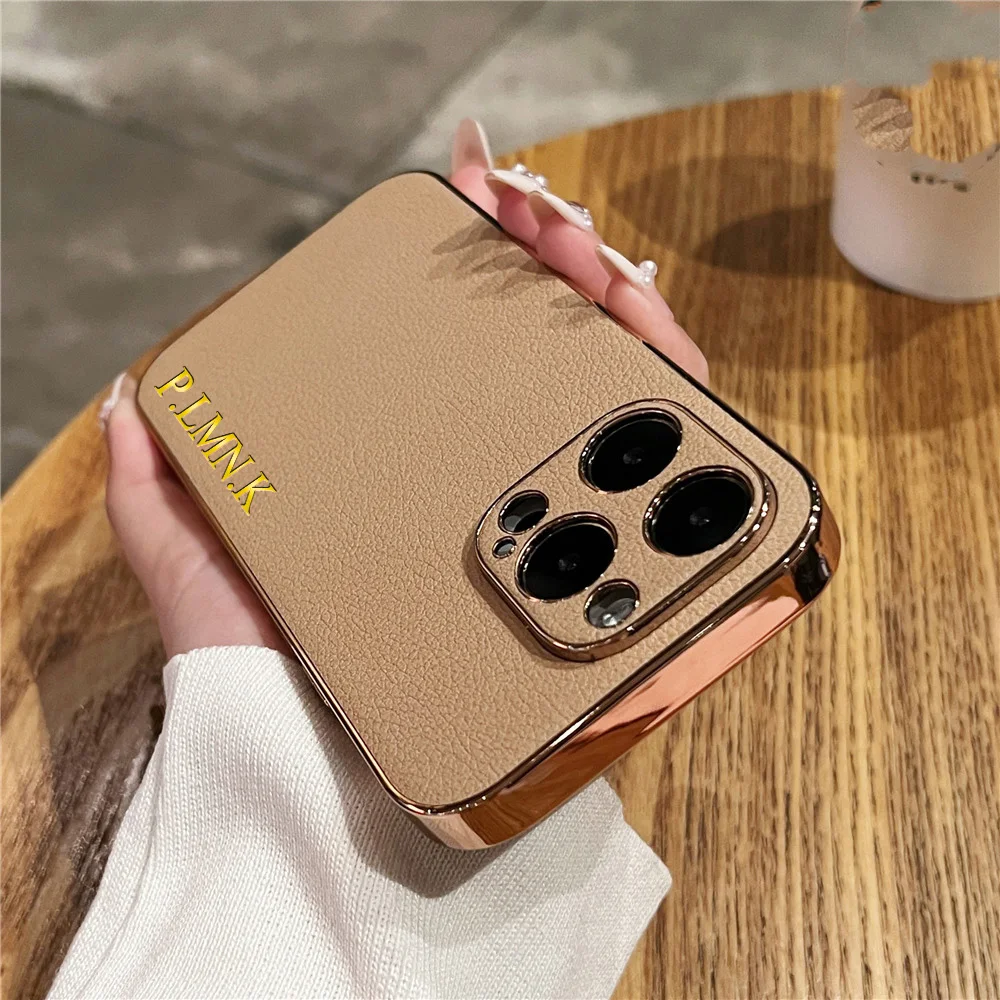 For iPhone 11 12 13 14 15 16 Pro Max Case Leather Plating Personalised Customized Name Initials Leather Cover 16 15 14 Pro Max