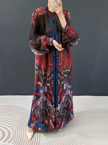 ANLAN Luxury Miyake Pleated High Neck Maxi Evening Dress Ruffle Sleeve Women's Wedding Guest Ramadan Party Dress 2026 New 5A9103