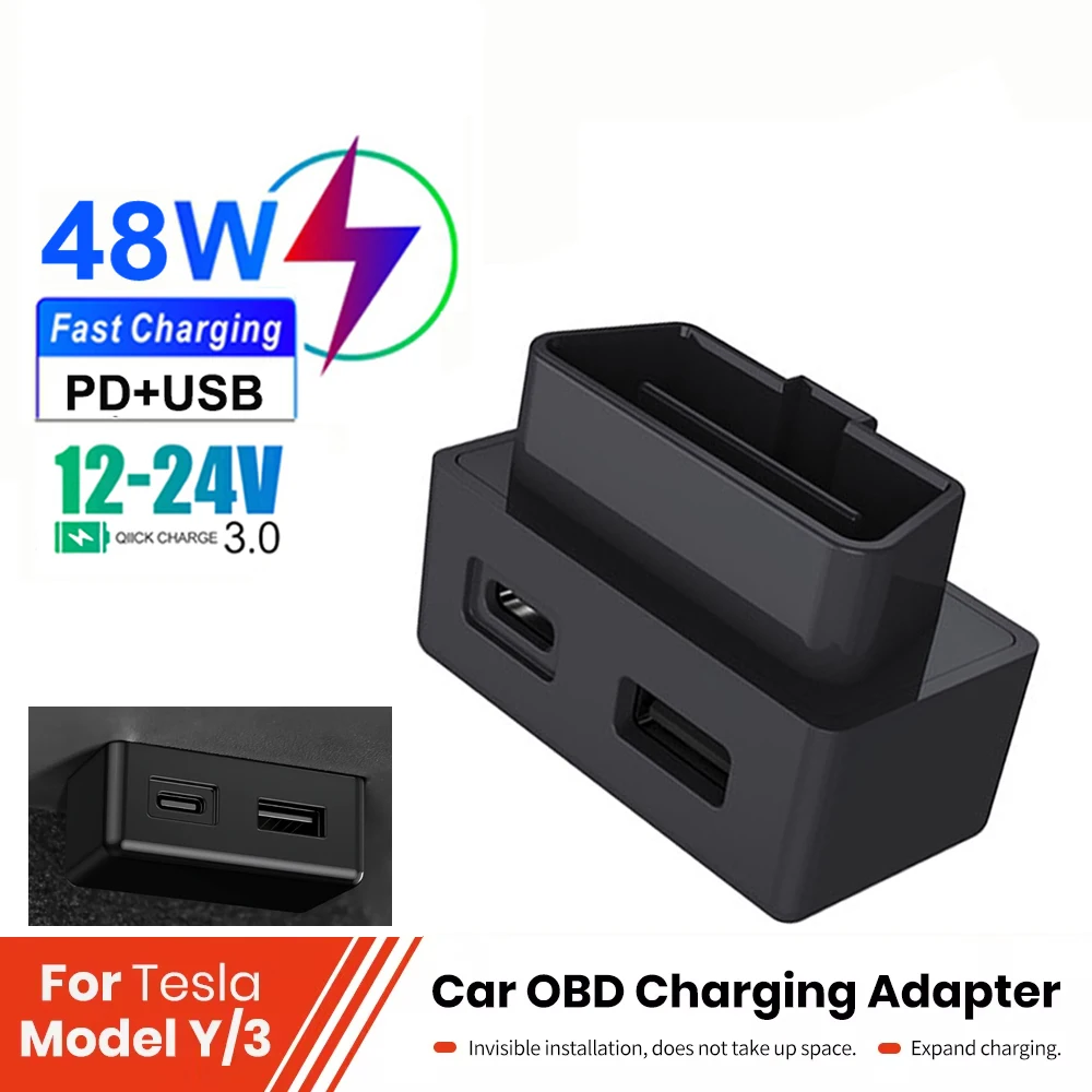 OBD Plug For Tesla Model 3 Y X S Ports Extender Phone PD Fast Charging USB Type-C Dual Heads Wall Adapter 2021-24 Car Ac