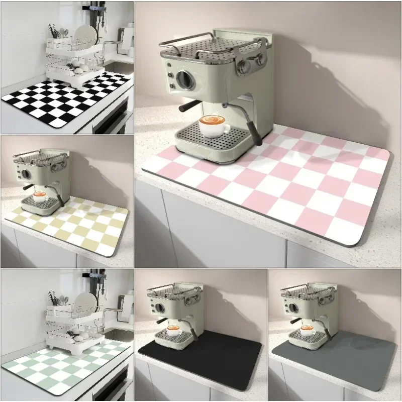 Pink White Checkered Absorbent Stain Resistant Rubber Backed Retro Dish Drying Mat Kitchen Counter Coffee Bar