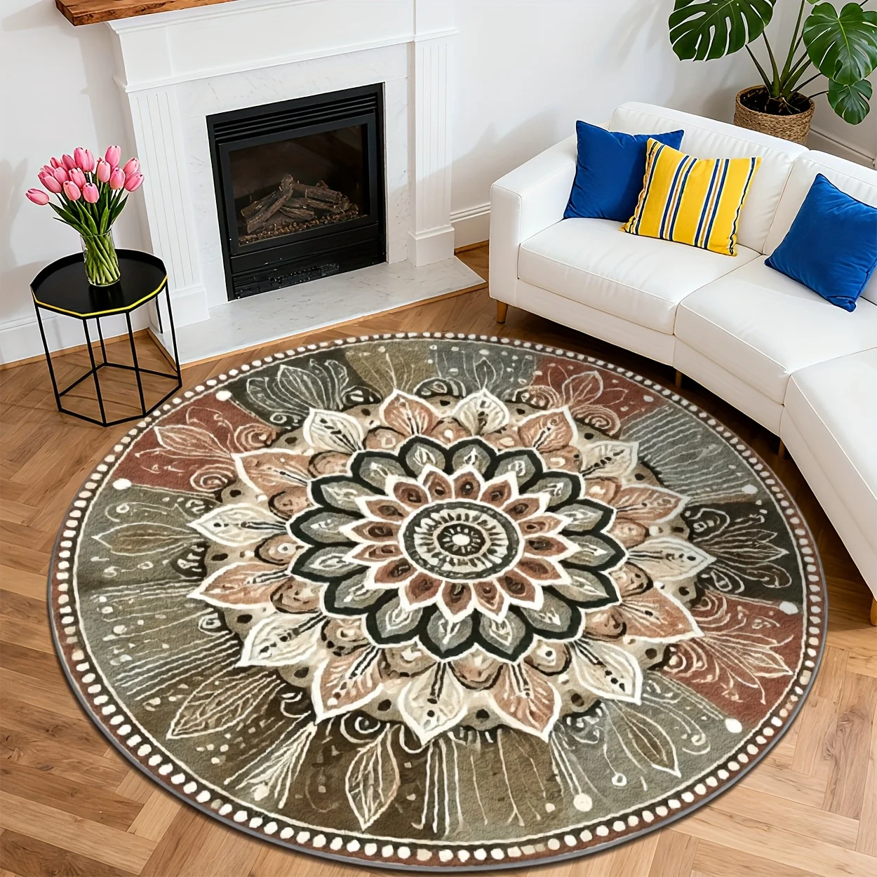 Boho Vintage Mandala Floral Round Rug  Neutral Earth Tone Lotus Mandala Circular Mat Non Slip Bohemian Living Room Chair Carpet