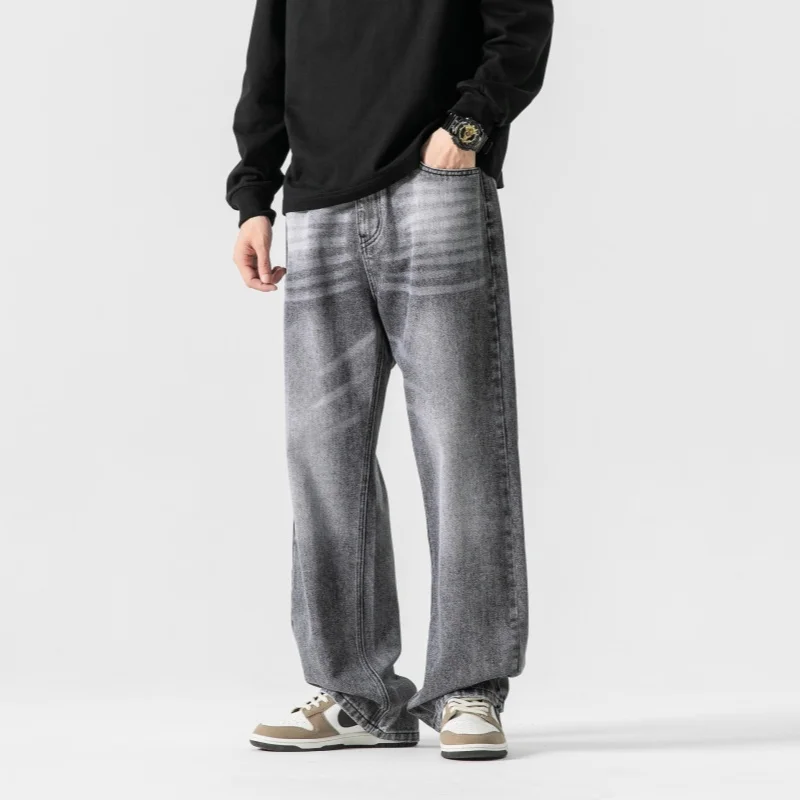 Jeans Longgar Pria Abu-abu Celana Panjang Fashion Vintage Dicuci Pakaian Jalanan Musim Semi Musim Gugur Celana Lebar Lurus Longgar Y2k Ukuran Besar
