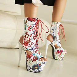 2024 new hot summer women sandals plus size 23-28cm Microfiber print flower lace up side zip Hollowing out heel women cool boots