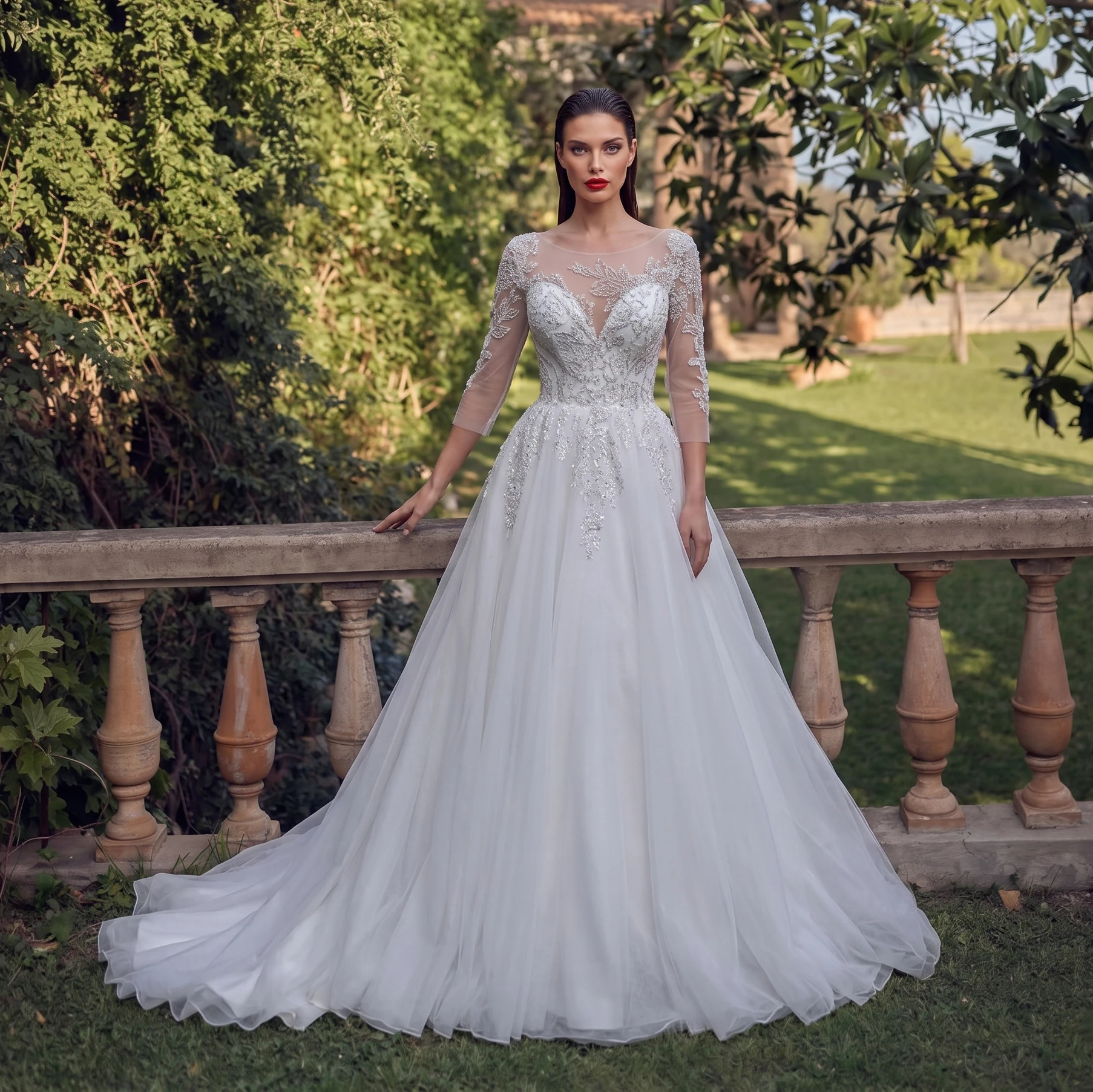 

Sharon Said Luxury Wedding Dress Three Quarter Sleeves Beaded Long Train Bridal Gowns SW709 Customized