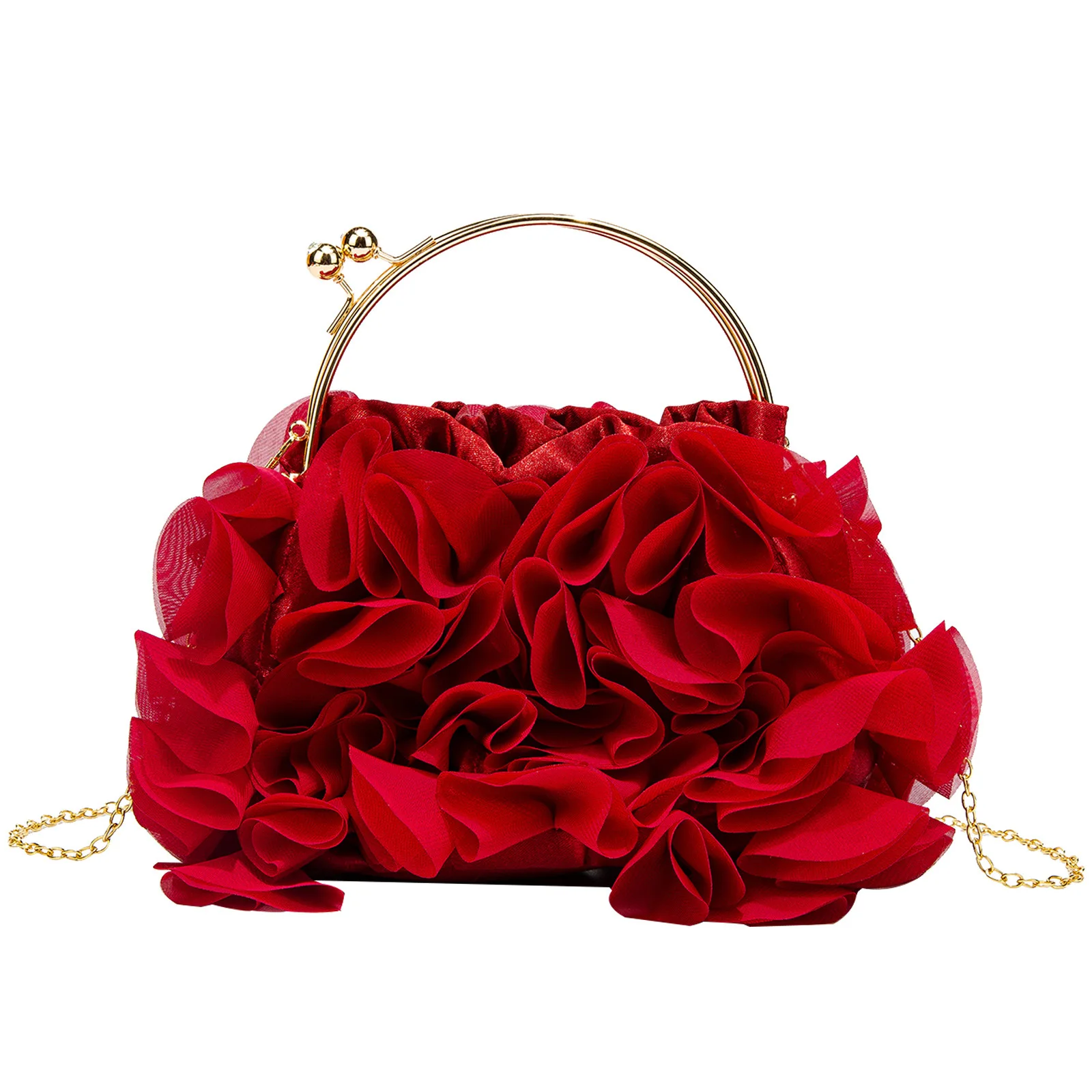 

New Fashionable Women's Evening Clutch Handbag with Flower Design Petal Ruffles and Chain for Formal Dinners
