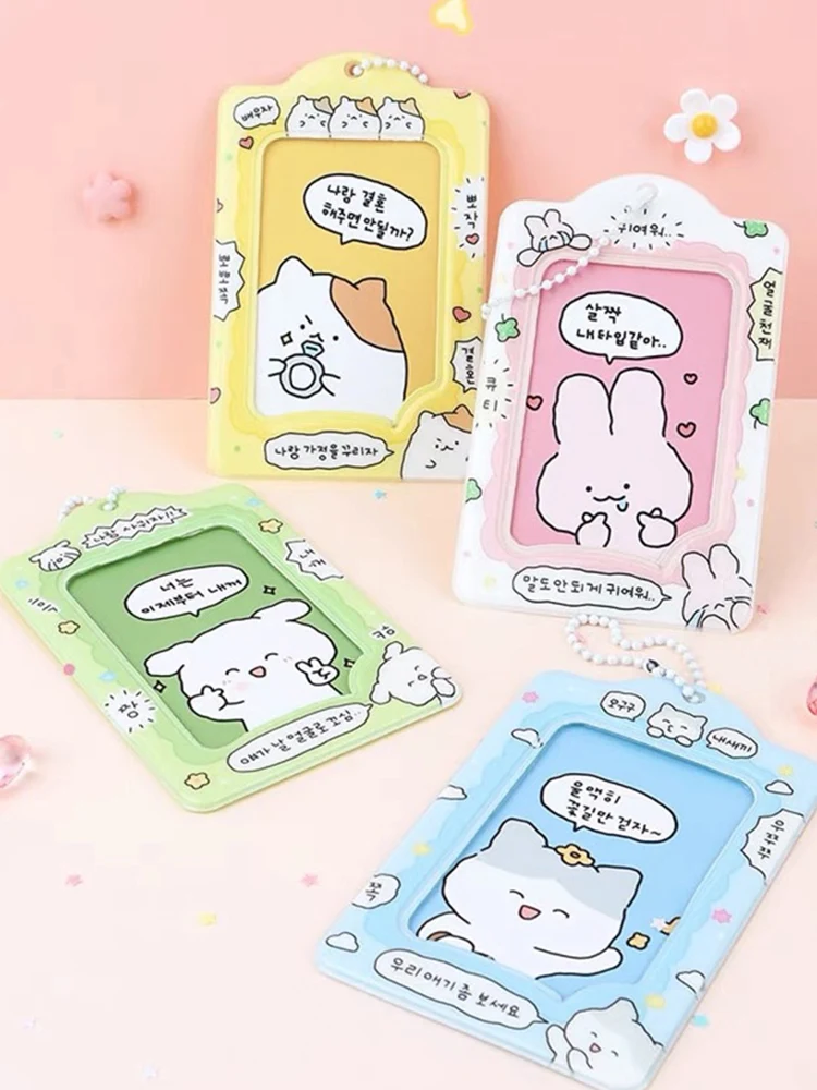Portatarjetas de 3 pulgadas, llavero con colgante, estampado de conejo de dibujos animados, fundas para tarjetas de autobús, papelería escolar,
