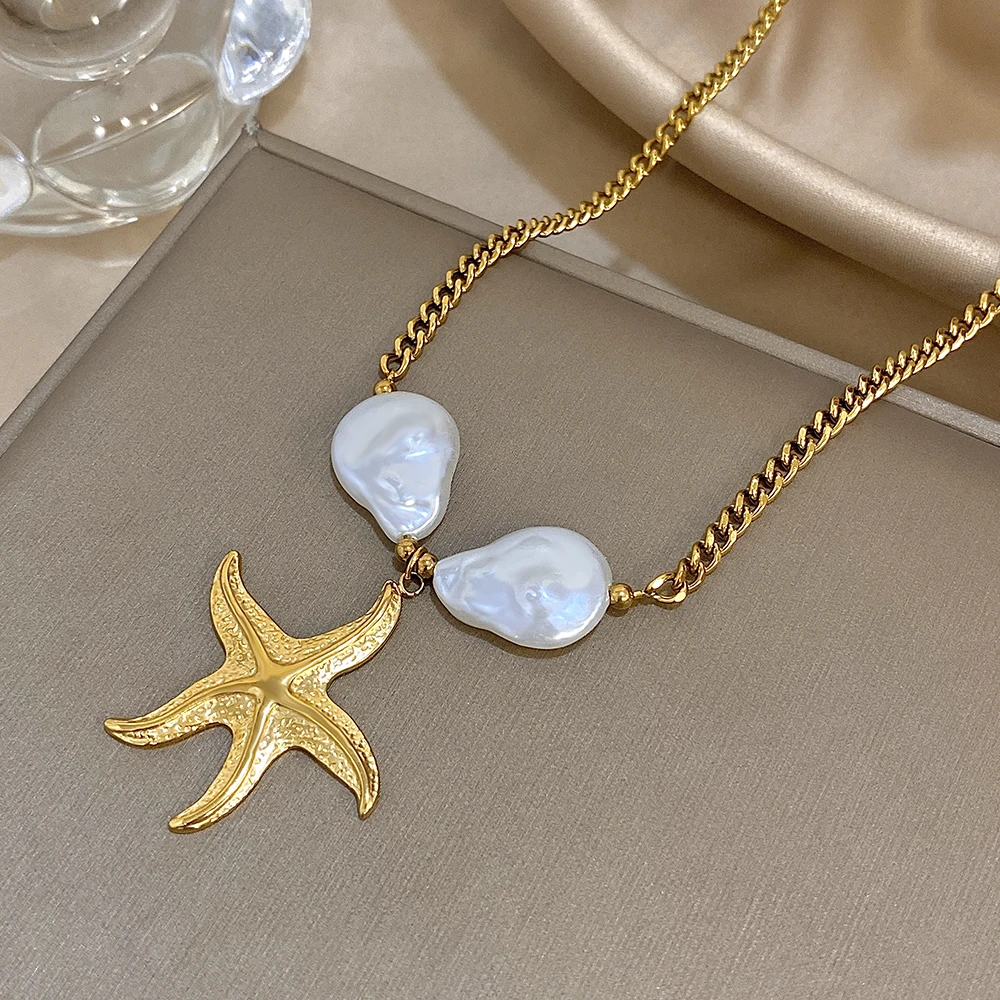 

Freetry Trendy Stainless Steel Gold Color Starfish Pendant Necklace for Women Boho Imitation Pearl Necklace Summer Neck Jewelry