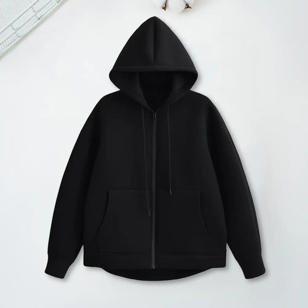 Zip-up Hoodie สีทึบ Hoodie เสื้อแจ็คเก็ตกีฬาคลุมด้วยผ้ามีสไตล์พร้อมกระเป๋าเชือกสําหรับผู้หญิงสวมเสื้อโค้ทพร้อมข้อมือยางยืด