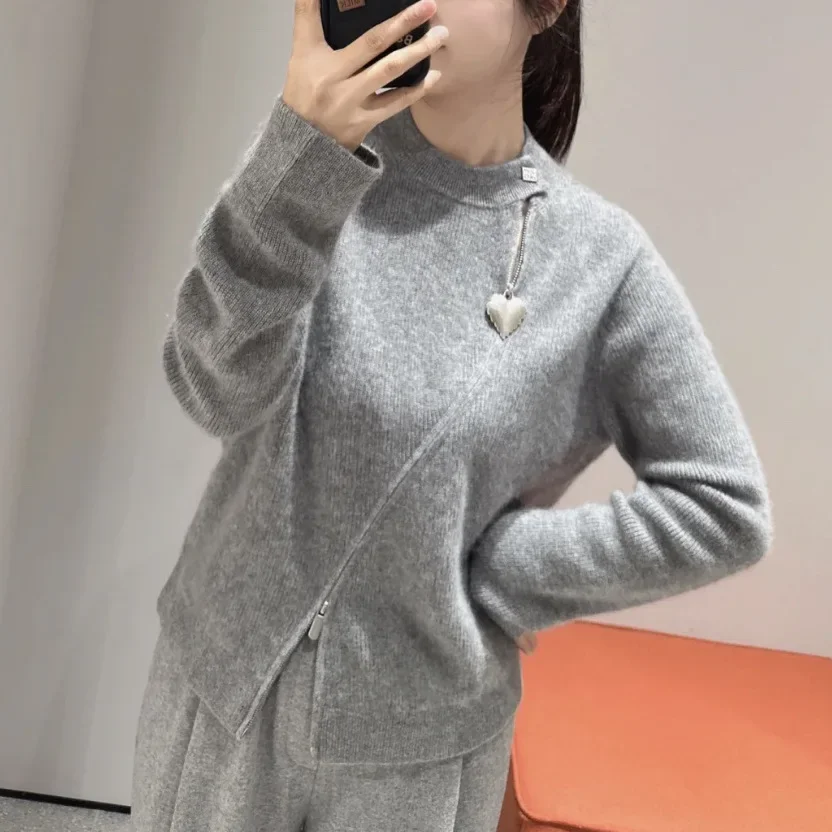 

Double zipper knitted sweater women's autumn and winter new semi-turtleneck single border gray cardigan sweater