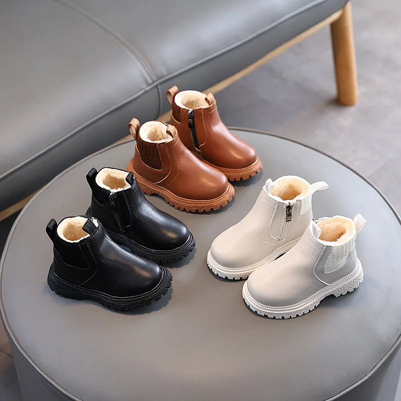 New Children Fall Winter Soft-Soled PU Leather Boots Girls Boys Non-Slip Fleece-Lined Warm Short Boots Baby Casual Fashion Boots