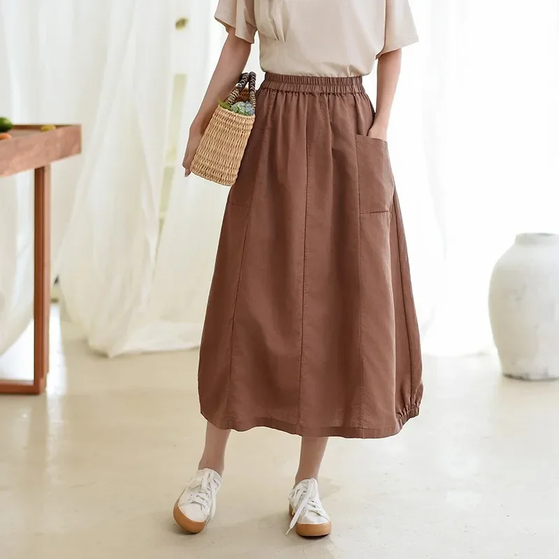 Women Vintage Linen A-Line Skirts Solid Color Elastic Waist Patchwork Pockets 2024 New Spring Casual Women Skirts