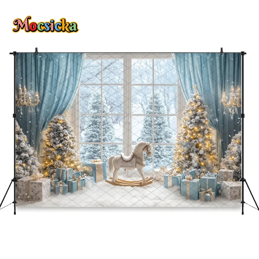 Mocsicka Christmas White Window Room Background Photography Blue Frozen Xmas Tree Gift Toy Glitter Backdrop Winter Family Photo