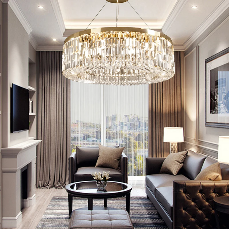 Luxury Round Ceiling Chandeliers Trendy Modern LED Lights Golden Lustres Hanging Lamps Crystal Home Decoration for Living Room b