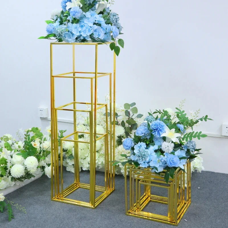 Square Metal Wedding Stand Shiny Gold Plating Geometric Box Backdrop Stand Road Lead Metal Iron Flower Stand Home Decoration