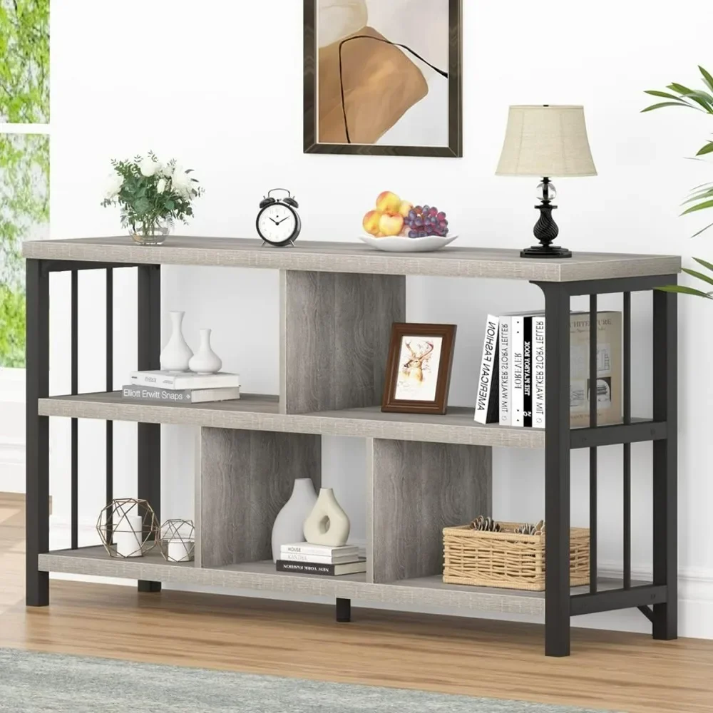 Industrial Bookshelf, Modern 5 Cube Storage Open Shelf, Wooden & Metal Cubby Bookcase for Living Room, Light Grey Oak