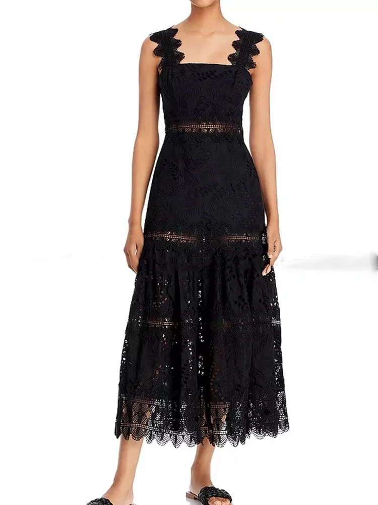 

2024 Summer women's new embroidered openwork lace skirt with suspenders, high waist and square collar and long A-line dress.