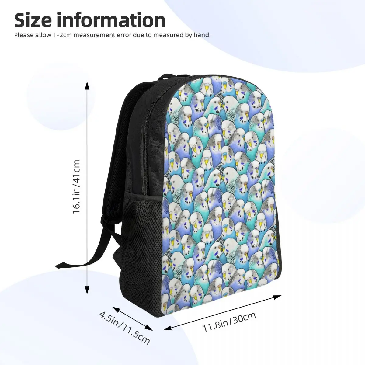 Mochila personalizada para escola e faculdade, padrão periquito periquito periquito azul, mochila casual para homens e mulheres