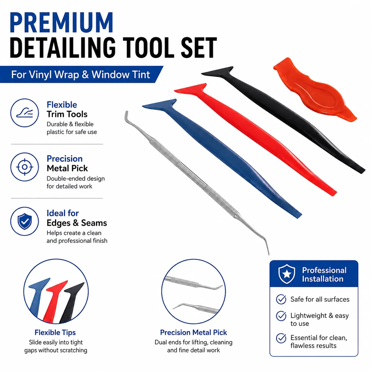 5Pcs Flexible Micro Squeegee Sticks Car Wrap Tool Kit PPF Vinyl Wrap Window Tint Corner Curve Slot Edge Tucking Scraper Set