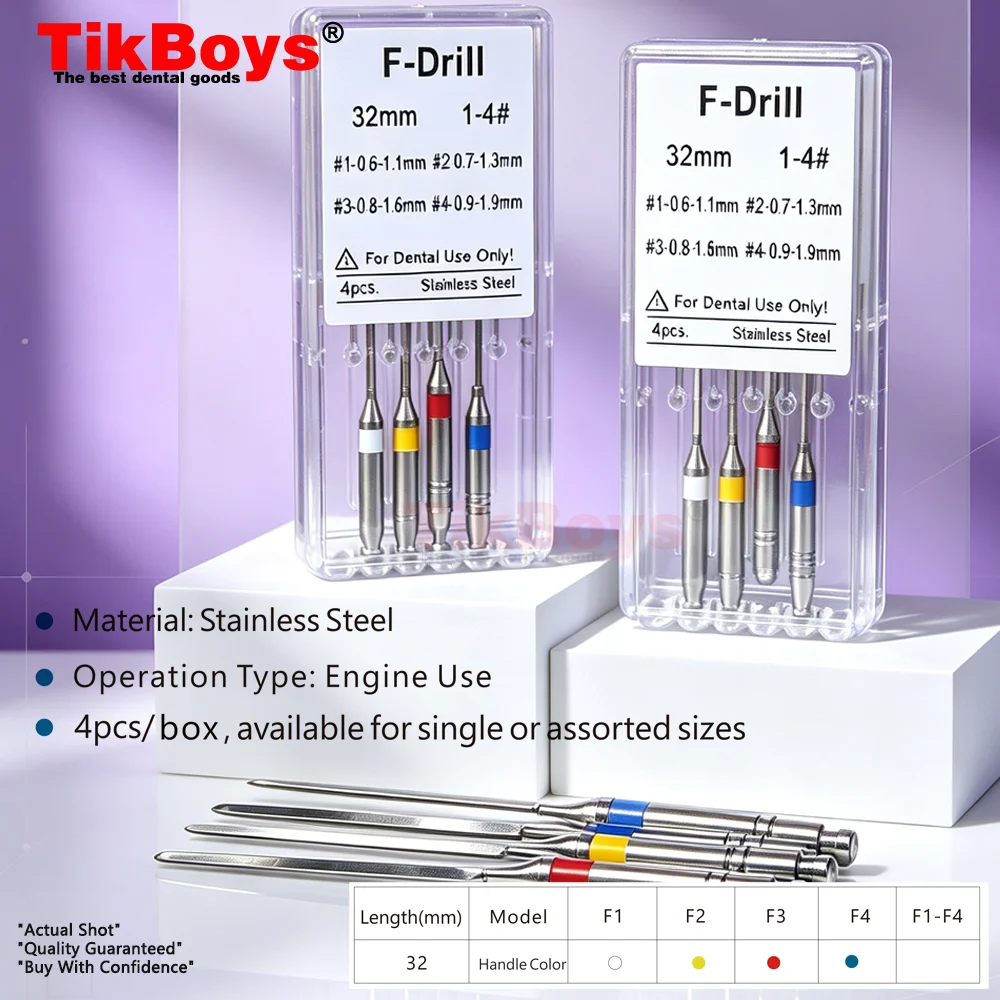 4Pcs/Box F1 F2F3 Dental Fiber Drill Reamers Stainless Steel F Drills Endo Root Canal Reamer Engine Endodontics Files Refills Lab