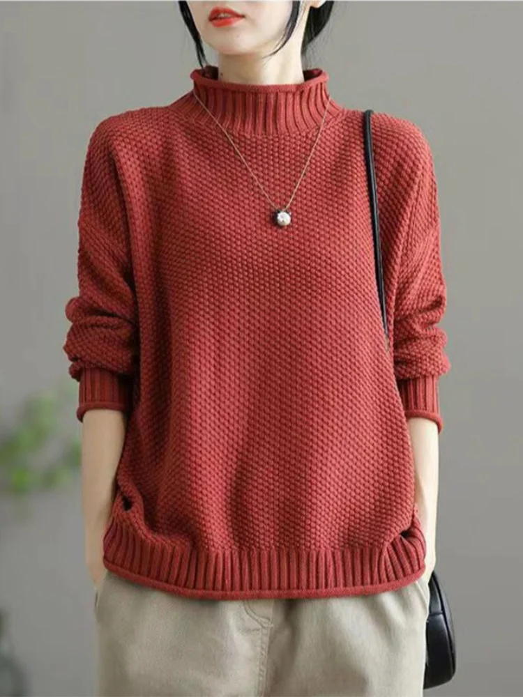 

Loose Fitted Japanese Sle Knitted Sweater Women's High Collar Overhead Thi Inner Wear Warmth Emitting Long Sve Top