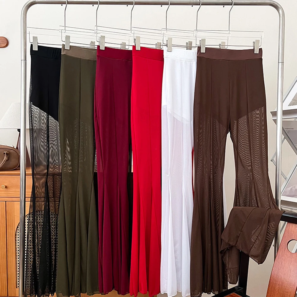 

Long Transparent Flare Pants Women's 2026 Spring Summer Casual Loose Fit Elastic Waist Black Fashion Elegant Wide Leg Trousers