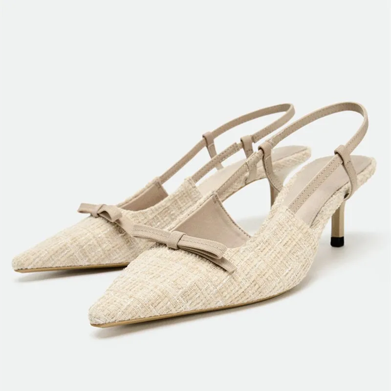 

Fashion Bow Decorative High Heels Women High Quality Thick Tweed Slingback Kitten Heel Designer Shoes Elegant Banquet Dress Shoe