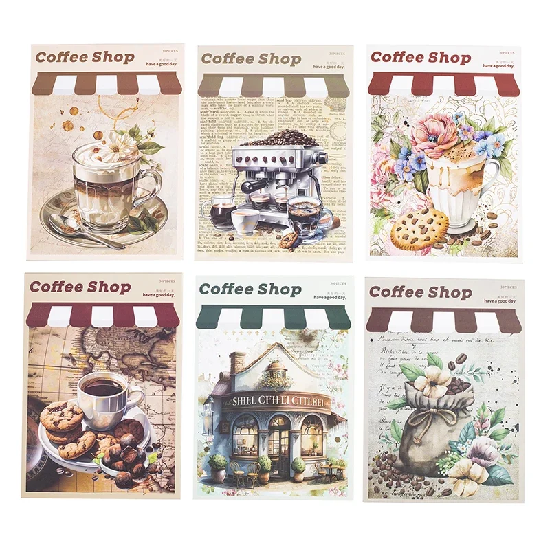 30Pieces Material Paper Coffee Shop Corner Retro Coffee Handbook Materials Bloom Handwriting Scrapbook Notebooks 176*114MM