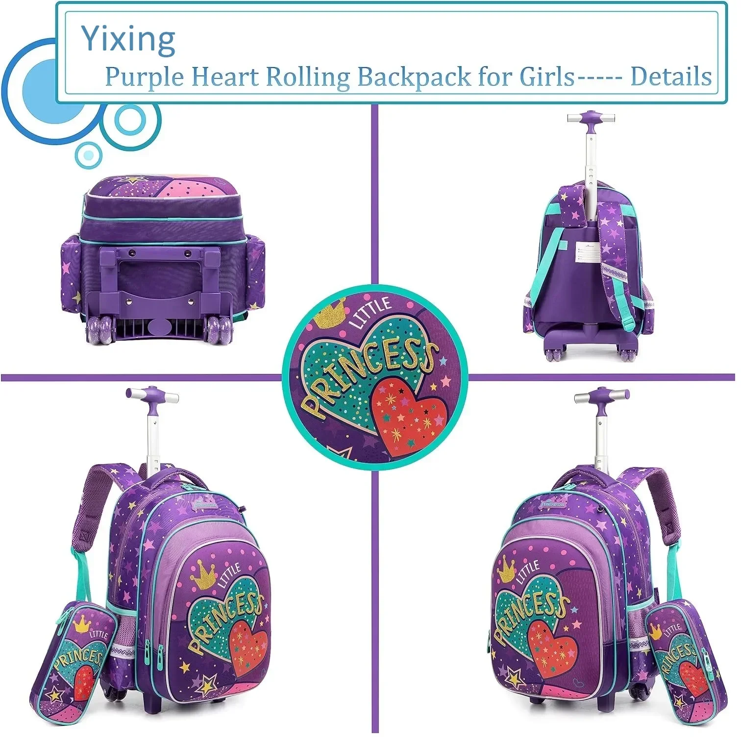 Mochila escolar infantil com rodas, bagagem de rolamento, conjunto de trolley bag, lancheira e estojo de lápis, meninos e meninas