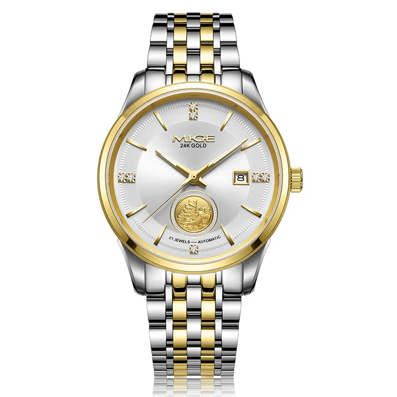MIGE Original Miyota Automatical Mechanical Watch for Couples Calendar Diamond Sapphire 24K Gold Stainless Steel Wristwatch
