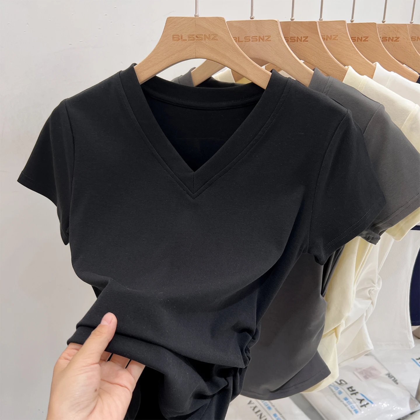 AOSSVIAO Women Short Sleeve T-shirts Casual V-Neck Solid Slim Tee Summer 2025 Simple Versatile T Shirt Female Y2K Tops Clothes