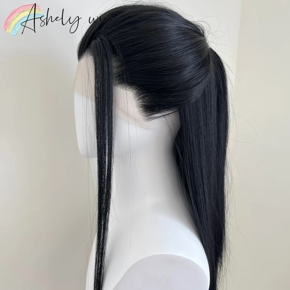 Peluca de encaje frontal negra Ashley con pico de viuda, 26 pulgadas, 13*4, sintética, lacia, resistente al calor, para cosplay 6