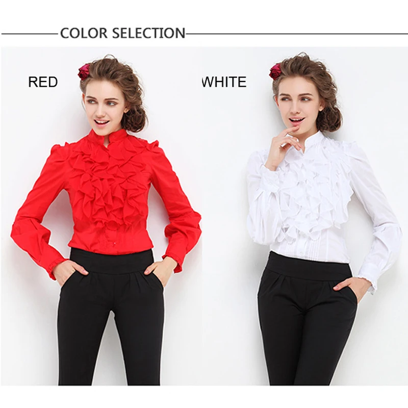 UsualYeah New Spring Women Elegant OL Stand Collar Ruffles Lantern Long Sleeve Body Blouse Shirts Blusas S-M-L-XL White Red